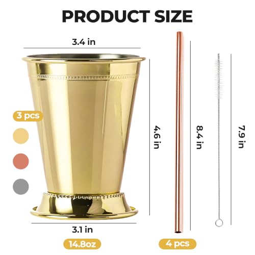 Trez Treamer Mint Julep Cups Set of 3, 12 oz Cocktail Mugs & Glasses with Copper Finish for Bourbon, and Home Bar