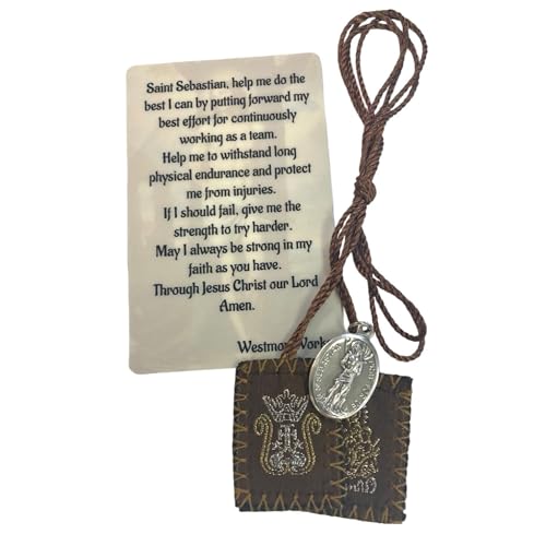 Westmon Works St. Sebastian Scapular Set with Medal & Prayer Card – Patron Saint of Athletes – Brown Cord Catholic Necklace with Embroidered Cloth – Made in USA Laminated Holy Card