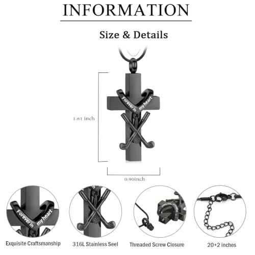 zeqingjw Cross Urn Necklace for Ashes for Men Women Stainless Steel Cremation Golf Clubs Jewelry Ashes Keepsake Memorial Pendant Ash Holder of Loved Ones Black