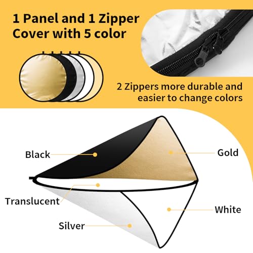 24/32/43/52in Light Reflectors for Photography, 5 in 1 Light Diffuser with Panel & Bag Reflector Photography, Ideal for Content Creator Essentials&Photographer in Silver,Gold,White and Black 32inch/80cm
