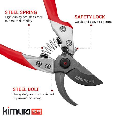 Kimura 8-inch bypass pruning shears with Japanese SK5 steel blades and non-slip ergonomic handles