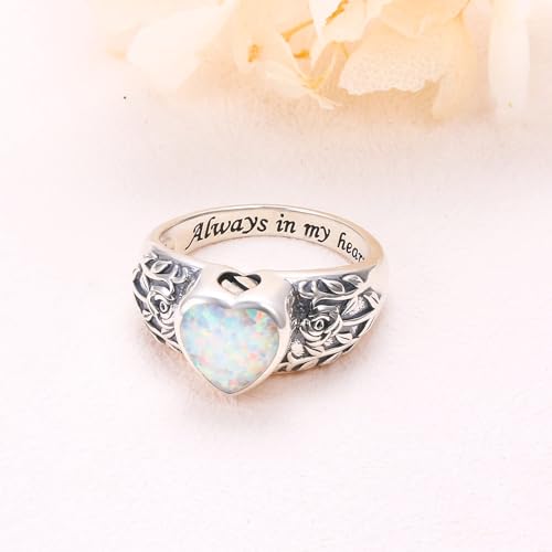 Flyow Urn Ring for Ashes 925 Sterling Silver Opal Rose Memorial Keepsake Jewelry Always in My Heart Cremation Ring for Women Men R 1/2