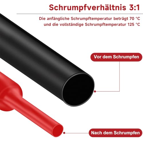 3:1 Heat Shrink Tube Set with Adhesive, 270 Pieces Heat Shrink Tubing Waterproof Black and Red, Diameter 1.6-9.5 mm for Electrical Insulation, Cable Repair and Cable Bundling
