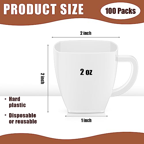 Amyhill 100 Pcs Mini Disposable Tea Cups with Handle, 2oz Hard Plastic Coffee Mug Bulk Plastic Square Disposable Espresso Cups for Wedding Tea Party Catering Dessert Sampling (White) White
