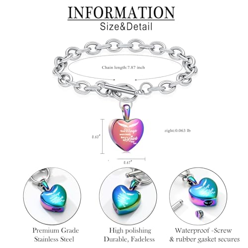 Heart Cremation Bracelet for Ashes Urn Bangles for Pet/Human Ashes Memorial Keepsake Ash Jewellery for Women Men Rainbow