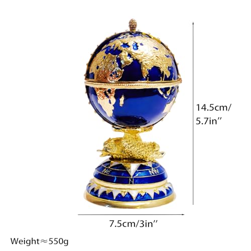 Decorative blue and gold enameled globe jewelry box with a world map design, handcrafted trinket box for jewelry storage