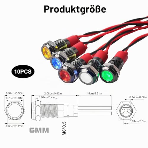 Indicator Light 6mm 12V Set of 10 Waterproof IP67 | Metal Housing Car Signal Lamp for Motorcycle/Truck/Boat, 2 each Red/Green/Yellow/White/Blue