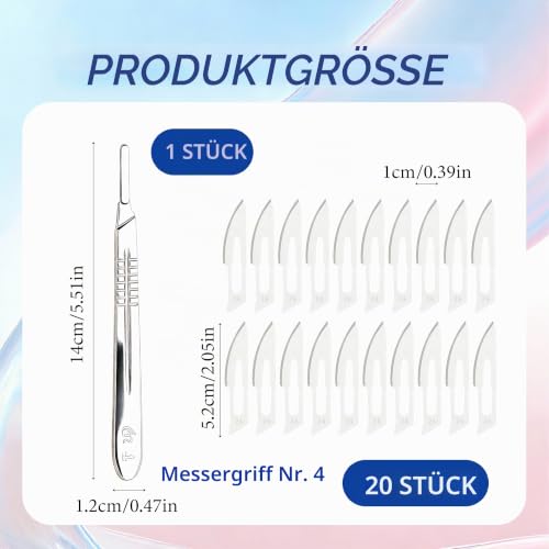 Scalpel Blades No. 23 with Scalpel Holder Stainless Steel No. 4 Sterile Pack of 20 | Disposable blades carbon steel, extremely sharp cutting edge, ideal for pedicure craft modeling, safely packaged