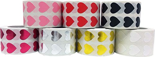 Heart Stickers for Valentine's Day Crafting 7 Colors Red Pink White Black Metallic Rose Metallic Silver Metallic Gold 1/2 Inch 7,000 Total Stickers