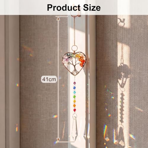 Tree of Life Crystal Sun Catcher, Natural Quartz Gemstone Pendant for Windows, Rainbow Maker & Chakra Healing Decor, Spiritual Gift for Women, Garden & Home Decoration (41cm) 41cm