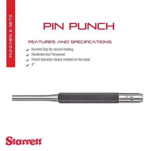 Starrett 4-inch drive pin punch with 3/16-inch diameter steel shaft and striking end