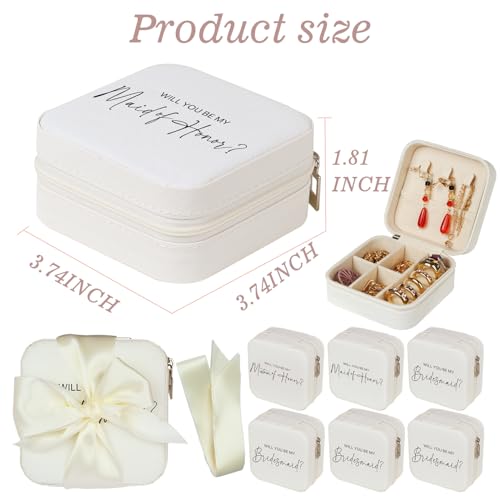 6 Pack Bridesmaid Jewelry Box with Ribbon, Maid Matron of Honor Small Travel Jewelry Case for Women, Bridesmaid Proposal Gifts, Wedding White