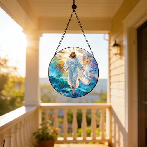 Jesus Stained Glass Sun Catcher 7.88 Inch Home Decor Gift Ocean + Jesus