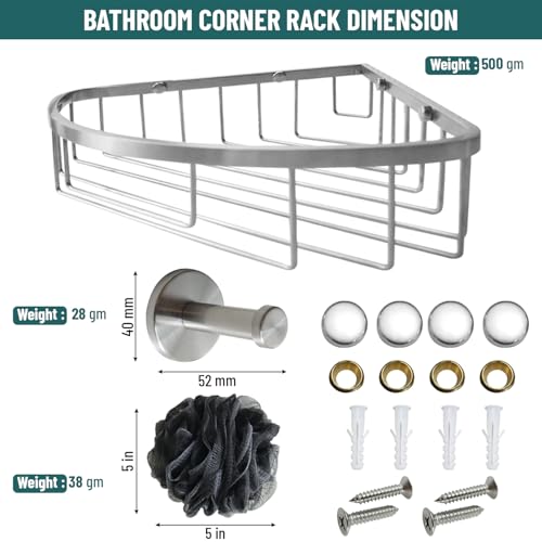 Stainless Steel Wall Mount Shower Caddy, Single Hook & Bath Wipe Waterproof Durable Corner Shower Rack for Bathroom Space Saving Bathroom Organizer & Storage for Shampoos Soap Bath Items Brushed