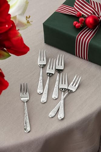 Villeroy & Boch Toy's Delight Collection Cake Forks, Set of 6, 18/10 Stainless Steel Flatware with Christmas Design Engraving, 6.25 in