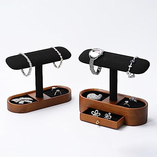 Oirlv Solid Wood Watch Stand with Drawer T-bar Watch Holder Organizer for Men and Women Showcase Bracelet Bangle Jewelry Display Stand Rings Earrings Necklace Storage(Drawer,Black) Black Option 2 - With Drawer