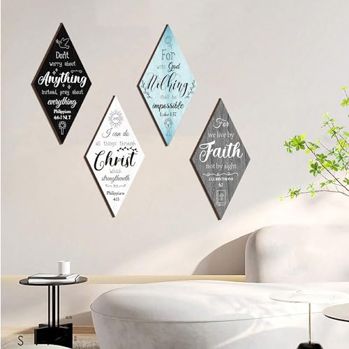 Christian Inspirational Rustic Wall Decor - 4 Pcs Bible Verses Motivational Art Inspiring Wooden Hanging Plaque Quotes Signs for Office Living Room Bedroom