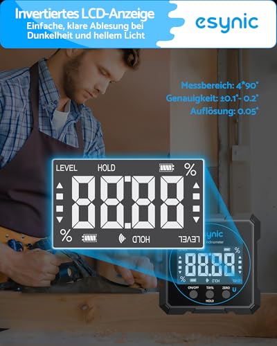 eSynic Digital Inclinometer with 4-Sided Magnets Spirit Level with LCD Display Rechargeable Aluminum Housing IP54 Waterproof for Table Saws, Woodworking and Construction Projects