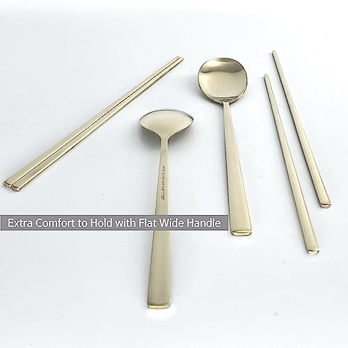 Korean Made Traditional Utensil Chopstick Set Flatware Champagne Gold Stainless Steel Spoon & Chopsticks Comfortable Grip Gift for Mom (2) Stocking Stuffer 2
