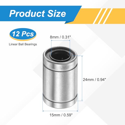 sourcing map 12Pcs LM8UU Linear Ball Bearings, 8mm Bore Dia, 15mm OD, 24mm Length Double Side Rubber Seal Linear Motion Bearing for 3D Printer CNC Machine Applications, ABEC3 8mm x 15mm x 24mm 12