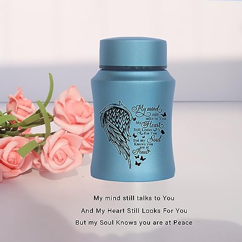 4.5 Inches Small Urn for Human Ashes Stainless Steel Mini Cremation Urn Small Keepsake Urn Heart Wing Pattern Memorial Ashes Container-Blue Wing-Blue