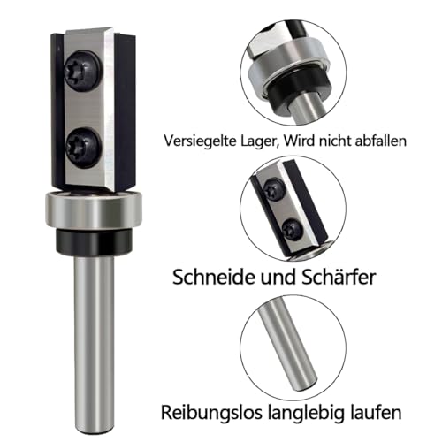 Flush Cutter 8 mm Shank, 30 mm Cutting Length, D = 16 mm, Reversible Plates Flush Cutter, Interchangeable Carbide Blade, with Ball Bearing Wood Cutter, Flush Cutter for Edge Processing S=8 mm, D=16 mm, L=30 mm Flush-Trim Cut