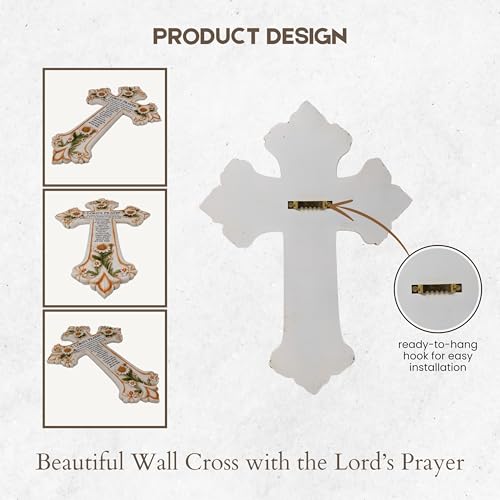 AMAJY Cross with Flower and Lord's Prayer - Religious Resin Wall Art Panel