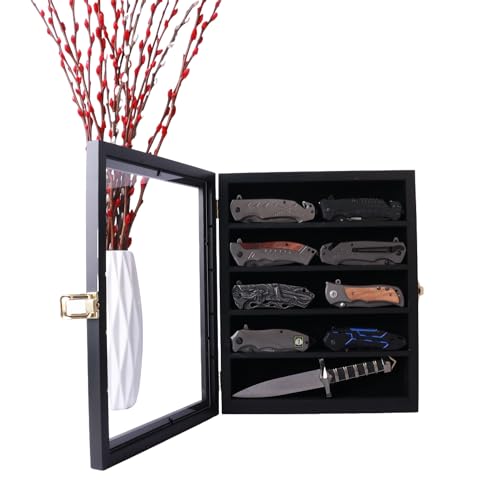Pocket Knife Display Case,Knife Display case for Wall,Wood Pocket Knife Display Stand,for Pocket Knife and Military Folding Knife Display,Dust and UV Resistant,Lockable,Black