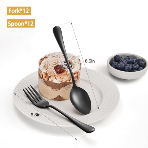 Black stainless steel serving set with 12 forks and 12 spoons, dishwasher safe, 24-piece MNLWSP silverware collection.