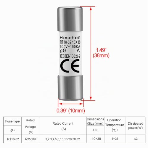 Heschen Cylindrical Ceramic Tube Fuse Link RT18-32 (RO15) 10 * 38 mm 2A 500V CE TüV Pack of 10