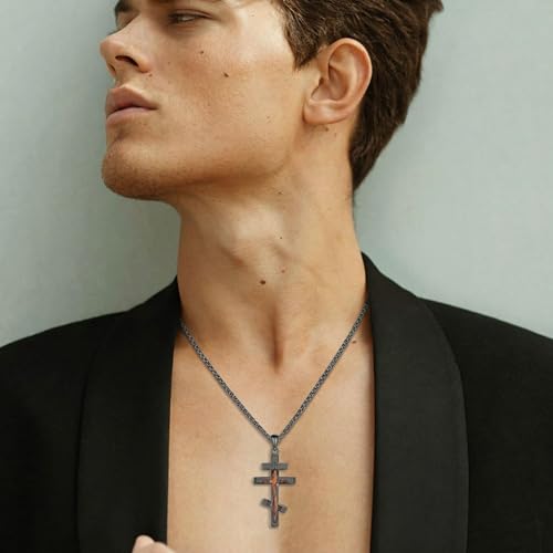 URONE Orthodox Cross Necklace for Men Sterling Silver Black Cross Wooden Pendant Necklace Christian Religious Jewellery Gifts