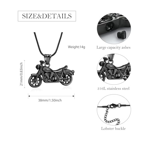 Motorcycle Urn Necklace for Ashes Cremation Jewelry for Women Men Stainless Steel Motorbike Memorial Necklaces Ash Holder for Human Pets Keepsake Jewelry for Loved Ones with Fill Tool C-Black