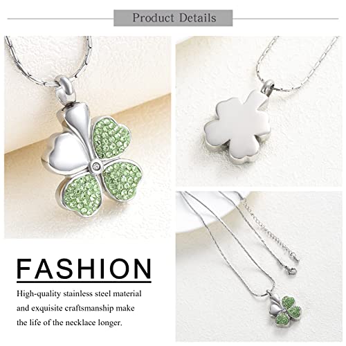 constantlife Cremation Jewelry Memorial Urn Necklace for Ashes Lucky Four-Leaf Clover Design Stainless Steel Pendant Keepsake Green,Silver