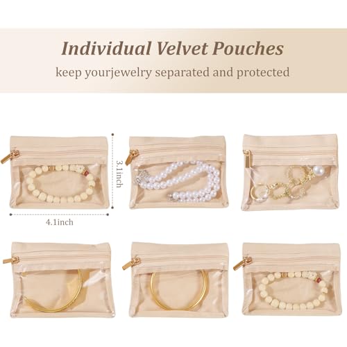 Travel Jewelry Case with 12 Velvet Zipped Pouches Bags, Beige Beige - 12 Pouch