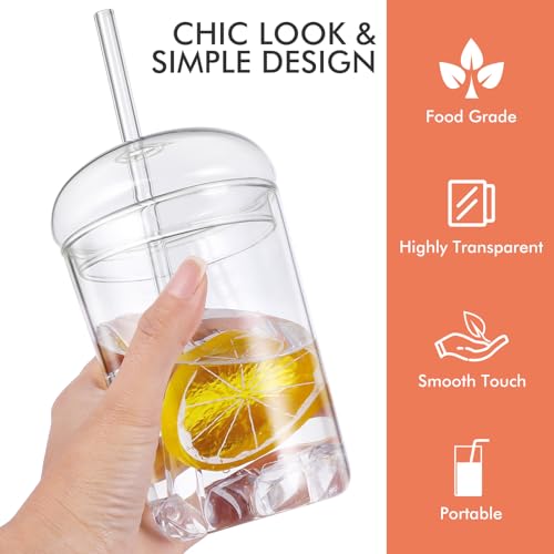 UPKOCH 2 Pcs Glass Cups with Lids and Straws Coffee Tumblers Heat Resistant Milk Cup Clear Drinking Glasses for Bubble Tea Smoothie Coke Soda Home Office Bar 2PCS