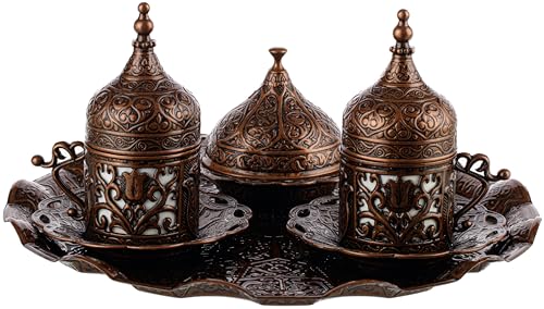 DEMMEX 2024 Turkish Greek Arabic Coffee Serving Set with Cups, Saucers, Cup Holders, Lids, Sugar Bowl & Lid and Tray, 11 Pcs (Antique), Medium Antique Brass