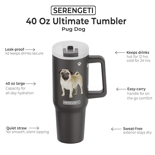E&S Pets SERENGETI 40 Oz Ultimate Tumbler with Handle and Straw - Vacuum Insulated Tumbler with Straw and Lid - Stainless Steel Travel Mug for Pet Lovers - 3D Designs of your favorite Dog (Pug) Pug