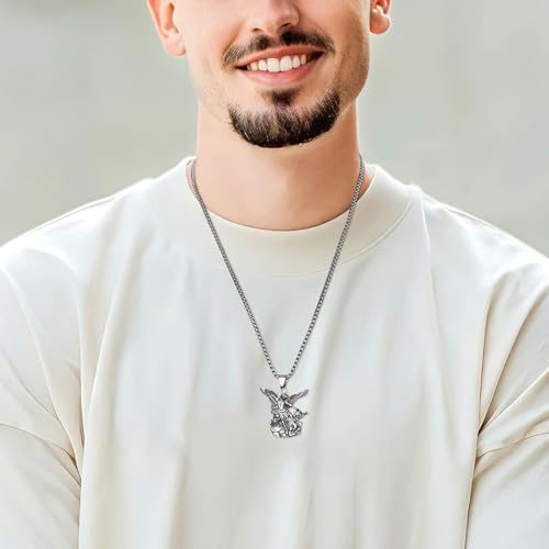 HZMAN Saint Michael Necklace, Stainless Steel St Michael the Archangel Pendant Amulet for Men Women Gift Silver