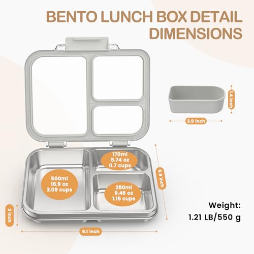BABHAMNESS Stainless Steel Bento Lunch Box for Kids Adults, 3 Compartments Metal Bento Box with Transparent Lid & Silicone Container for Kids,Dishwasher-Safe,School & Travel,BPA-Free(Grey) Gray