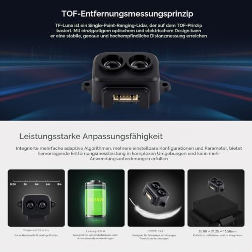 Waveshare TF-Luna Lidar Ranging Sensor, 8 m Ranging Distance, Low Power & Compact Size, Easy to Integrate, Mini Laser Ranging Module, TOF Ranging Principle, Different Models for Choosing