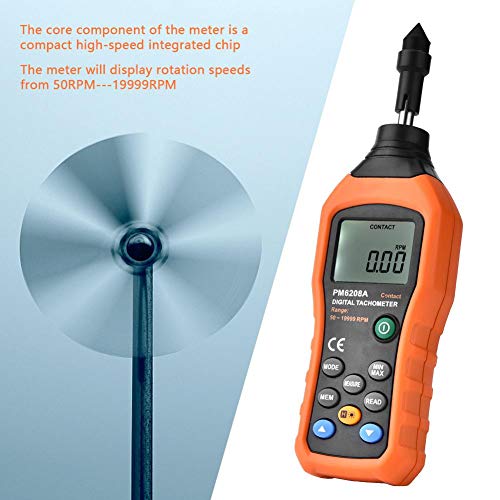Digital RPM Meter, PEAKMETER PM6208A Contact Tachometer Gauge Motor LCD Backlight Display Accuracy Speed Meter Handheld Tester