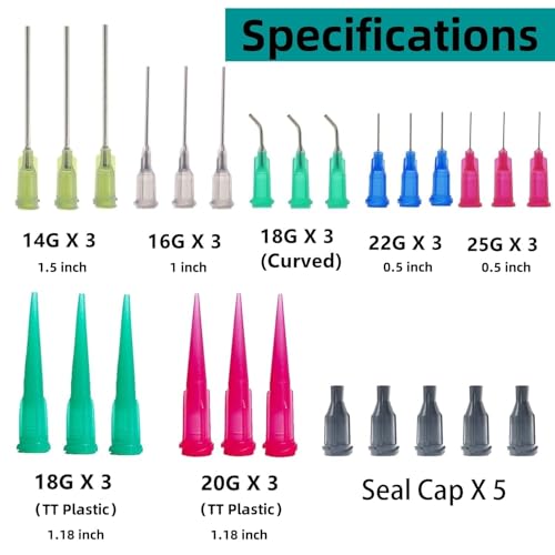 CIETER adhesive dispenser accessories with glue bottles, caps, and dispensing tips in assorted sizes and gauges