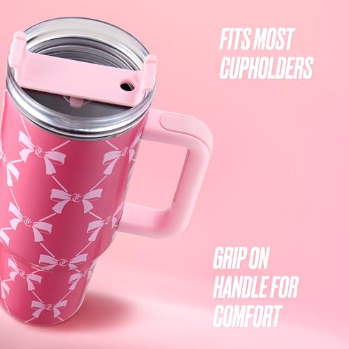 Juicy Couture Jetsetter 40oz Tumbler with Handle and Straw Topper, Pink Bows Pink Bow Trellis 40 Ounces