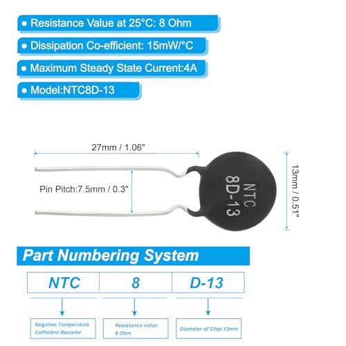 PATIKIL NTC Thermistors Resistors 10 Pieces 8 Ohm NTC8D-13 Highly Sensitive Current Limiter Temperature Sensor for Measuring Temperature Black | Highly sensitive current limiter temperature sensor, for measuring temperature