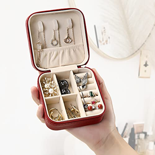 TRODANCE Mini Jewelry Case, Small Travel Jewelry Organizer, Portable Jewelry Box Mini Storage Organizer Display Box For Rings Earrings Necklaces (Red-4pcs) 4 packs - Red