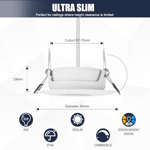 LED Recessed Spotlight 230 V Dimmable White LED Spotlights 6 W IP44 Bathroom Recessed Lights Swivelling Ceiling Spots, Warm White Neutral White Cool White Ceiling Light for Bathroom Kitchen Living Room Set of 6