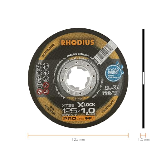 RHODIUS XT38 X-LOCK Metal Cutting Disc 125mm x 1.0mm x 22.23mm (Pack of 25) | For stainless steel and steel, made in Germany, fast and precise cuts, long service life, for X-LOCK angle grinders Pack of 25 125 x 1.0 X-LOCK