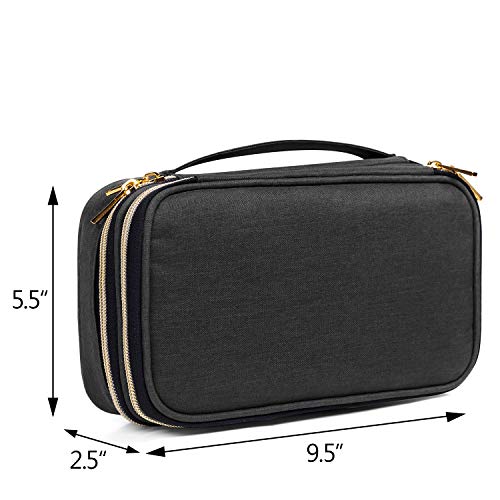 Teamoy travel jewelry organizer in black with multiple compartments and rolls for safe storage of necklaces, rings, and earrings.
