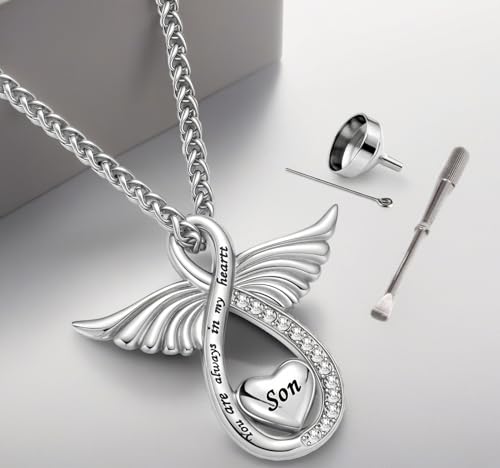 Angel Wing Cremation Urn Necklace for Ashes lnfinity Love Stainless Steel Urn Pendant Jewelry for Women Men Cuban Chain Son