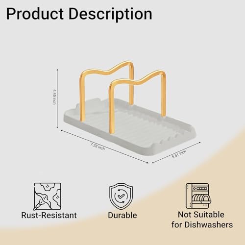 Astra Design Spoon and Lid Holder with Drip Tray Heat-Resistant Aluminum Utensil Rest Kitchen Organizer White Base with Gold Handles Modern Counter Accessory & Gift Idea White and Gold